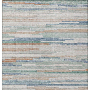 HomeRoots 5' Coastal Charm Linen and Aqua Striped Washable Area Rug for Indoor and Outdoor Spaces 10' X 14' 628637