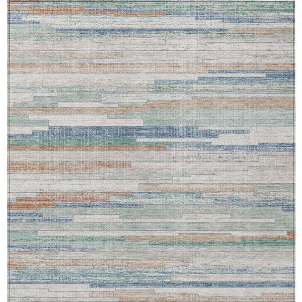 HomeRoots 5' Coastal Charm Linen and Aqua Striped Washable Area Rug for Indoor and Outdoor Spaces 10' X 14' 628637