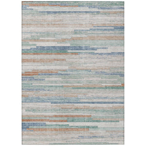 HomeRoots 5' Coastal Charm Linen and Aqua Striped Washable Area Rug for Indoor and Outdoor Spaces 10' X 14' 628637