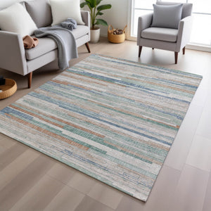 HomeRoots 5' Coastal Charm Linen and Aqua Striped Washable Area Rug for Indoor and Outdoor Spaces 10' X 14' 628637