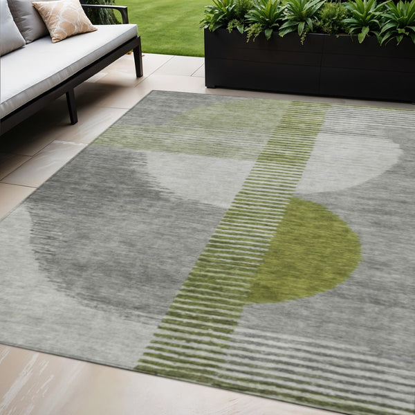 HomeRoots 5' Stylish Olive Green and Gray Geometric Area Rug for Indoor/Outdoor Use – Washable and Durable 5' X 8' 628651