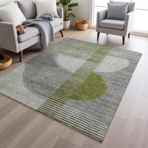 HomeRoots 5' Stylish Olive Green and Gray Geometric Area Rug for Indoor/Outdoor Use – Washable and Durable 9' X 12' 628654