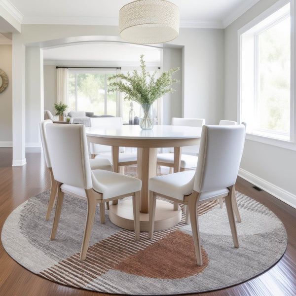 HomeRoots 5' Taupe and Rust Geometric Area Rug - Stylish, Washable Design for Indoor and Outdoor Spaces 8' Round 628664