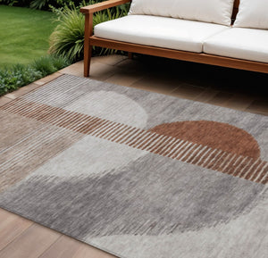 HomeRoots 5' Taupe and Rust Geometric Area Rug - Stylish, Washable Design for Indoor and Outdoor Spaces 9' X 12' 628666