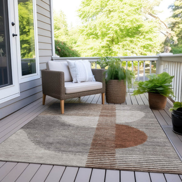 HomeRoots 5' Taupe and Rust Geometric Area Rug - Stylish, Washable Design for Indoor and Outdoor Spaces 10' X 14' 628667