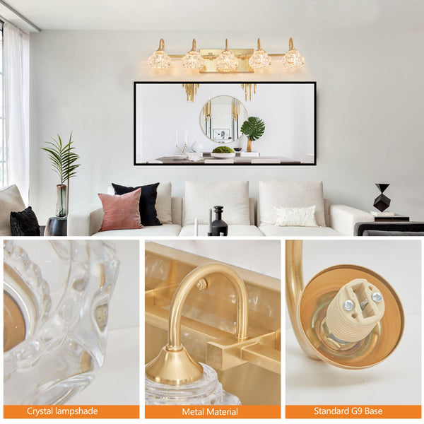 English Elm 29" Modern Crystal Bathroom Vanity Light 5-Light Elegant Wall Sconce with Clear Glass Shades for Vanity Gold W2312P374825