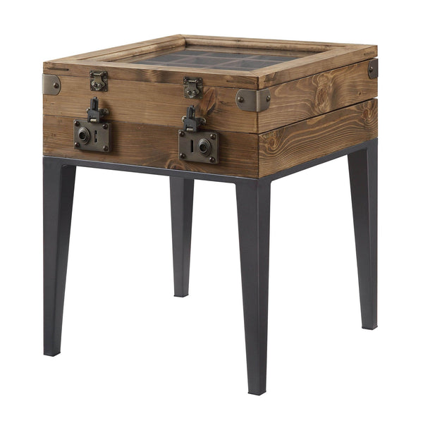 English Elm Rustic Oak Display Side Table with Trunk-Style Glass Top, Matte Gray Accents & Tapered Metal Legs B062P189236