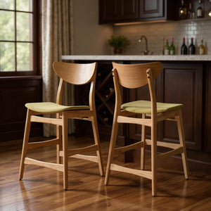 HomeRoots Set of Two Stylish Green Fabric and Wood Low-Back Bar Chairs for Modern Kitchen & Bar Comfort 628738