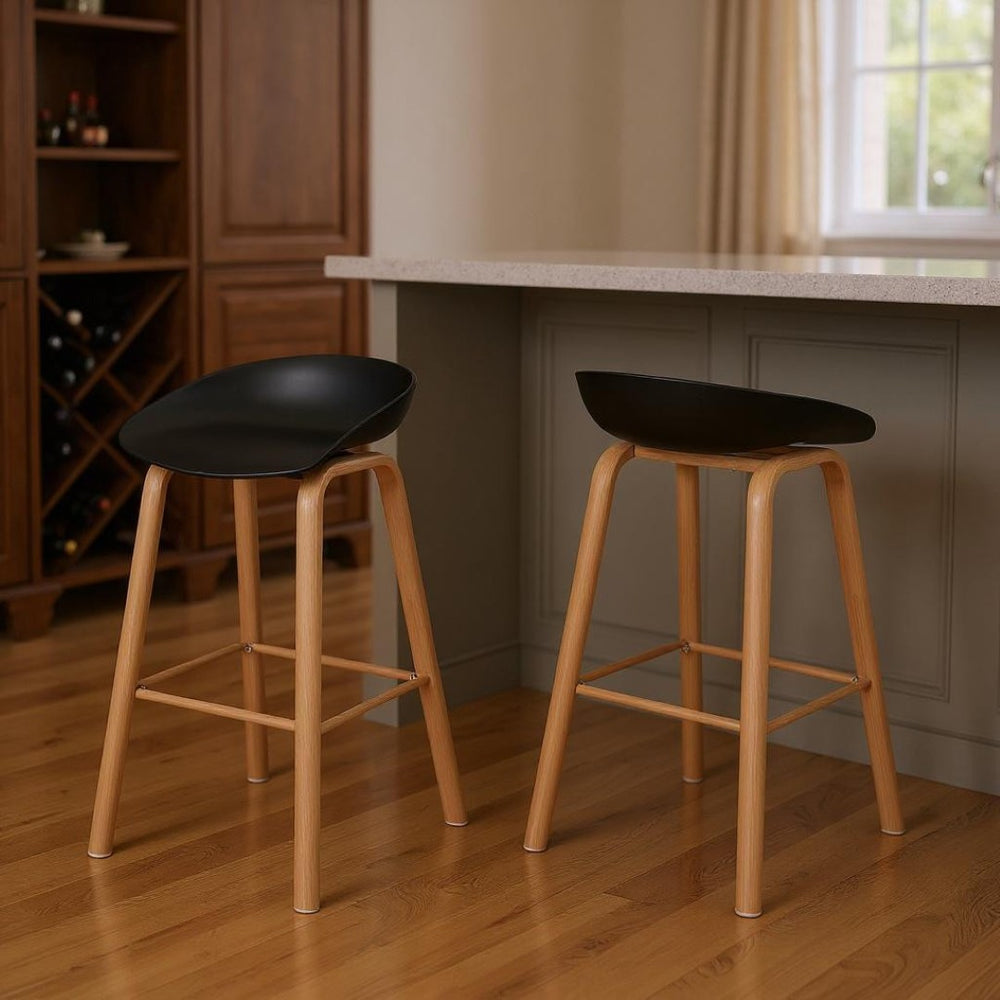 HomeRoots Set of Two Modern Backless Bar Stools with Black Plastic Seats and Natural Wood Legs for Style & Comfort 628739
