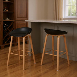 HomeRoots Set of Two Modern Backless Bar Stools with Black Plastic Seats and Natural Wood Legs for Style & Comfort 628739