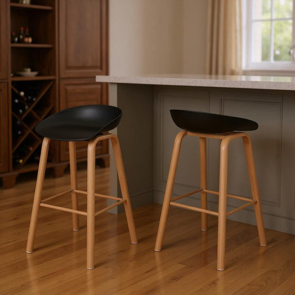 HomeRoots Set of Two Modern Backless Bar Stools with Black Plastic Seats and Natural Wood Legs for Style & Comfort 628739