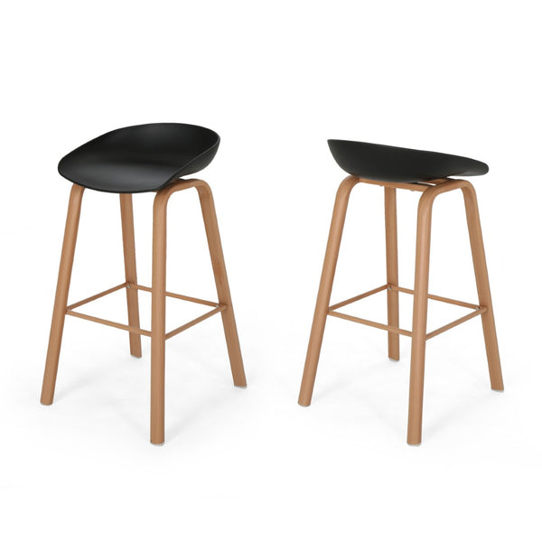 HomeRoots Set of Two Modern Backless Bar Stools with Black Plastic Seats and Natural Wood Legs for Style & Comfort 628739