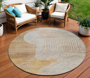 HomeRoots 5' Stylish Gold and Ivory Geometric Area Rug - Washable, Durable for Indoor/Outdoor Use, Easy Care 8' Round 628748