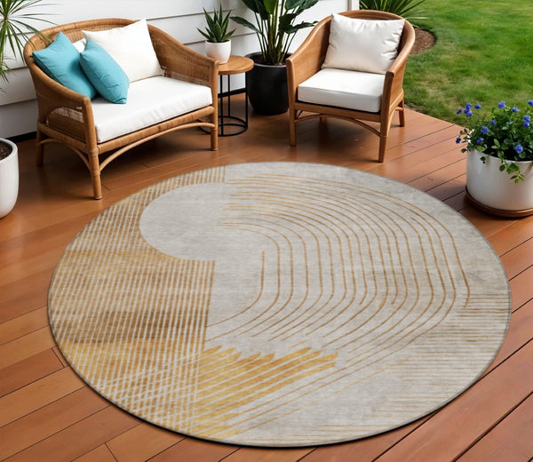 HomeRoots 5' Stylish Gold and Ivory Geometric Area Rug - Washable, Durable for Indoor/Outdoor Use, Easy Care 8' Round 628748