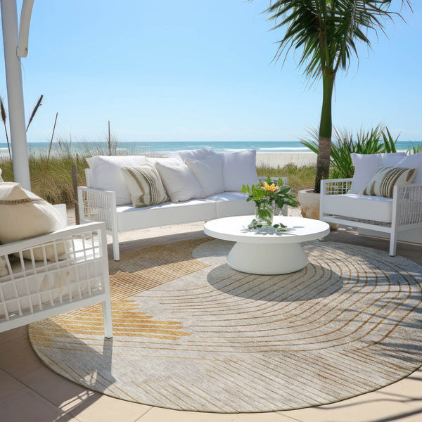 HomeRoots 5' Stylish Gold and Ivory Geometric Area Rug - Washable, Durable for Indoor/Outdoor Use, Easy Care 8' Round 628748