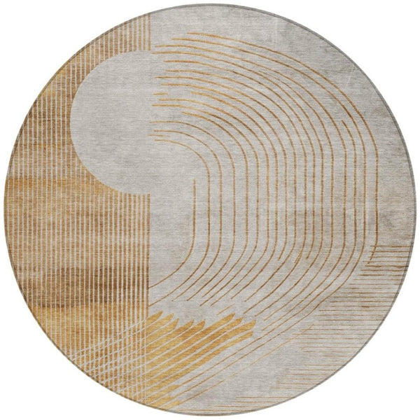 HomeRoots 5' Stylish Gold and Ivory Geometric Area Rug - Washable, Durable for Indoor/Outdoor Use, Easy Care 8' Round 628748