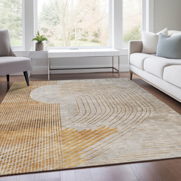HomeRoots 5' Stylish Gold and Ivory Geometric Area Rug - Washable, Durable for Indoor/Outdoor Use, Easy Care 8' X 10' 628749