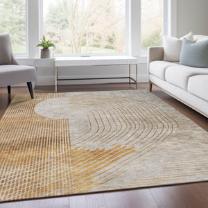 HomeRoots 5' Stylish Gold and Ivory Geometric Area Rug - Washable, Durable for Indoor/Outdoor Use, Easy Care 10' X 14' 628751