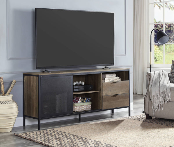 English Elm Nantan Rustic Oak & Black TV Stand with 2 Drawers, 5 Open Shelves, Industrial Modern Media Console B2726S00222