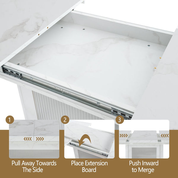 English Elm 47.24"-63"Modern Rectangle Dining Table with Extendable Top, Printed Marble Look, Sturdy Steel Base & Storage White W757P331962