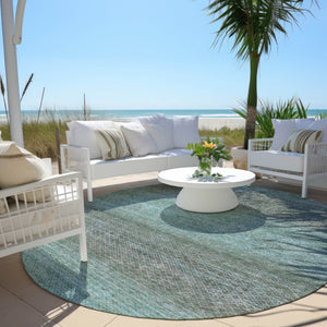 HomeRoots 5' Stylish Teal Blue and Brown Geometric Area Rug - Durable, Washable Design for Indoor/Outdoor Use 8' Round 628814