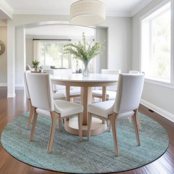 HomeRoots 5' Stylish Teal Blue and Brown Geometric Area Rug - Durable, Washable Design for Indoor/Outdoor Use 8' Round 628814