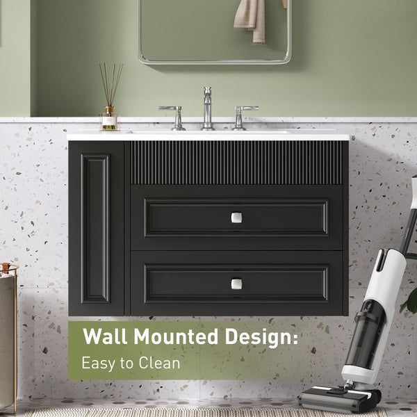 English Elm 30'' Wall Mounted Bathroom Vanity with Ceramic Sink, Floating MDF Cabinet, Soft-Close Drawers & Ample Storage Black N710P334915B