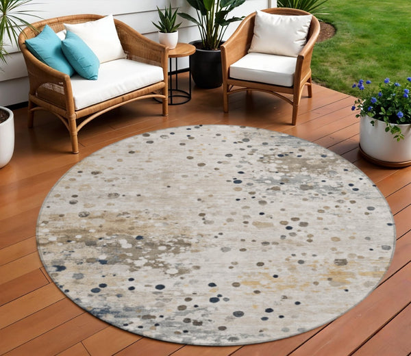 HomeRoots 5' Ivory and Taupe Abstract Washable Area Rug for Indoor and Outdoor High-Traffic Spaces 8' Round 628844