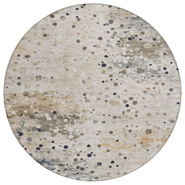 HomeRoots 5' Ivory and Taupe Abstract Washable Area Rug for Indoor and Outdoor High-Traffic Spaces 8' Round 628844