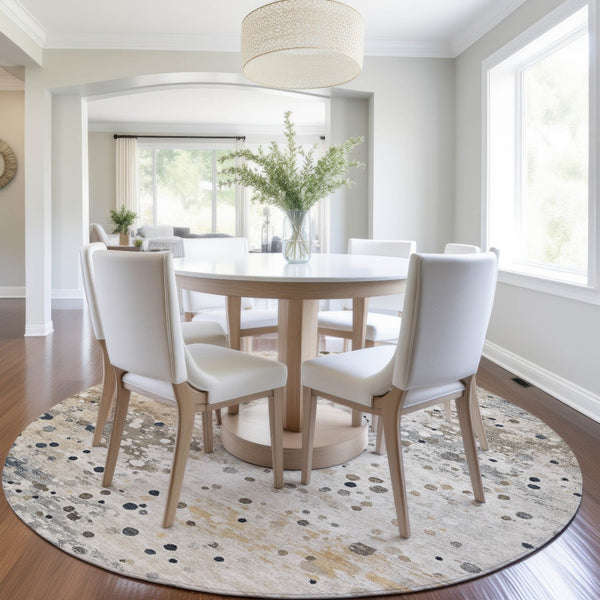 HomeRoots 5' Ivory and Taupe Abstract Washable Area Rug for Indoor and Outdoor High-Traffic Spaces 8' Round 628844