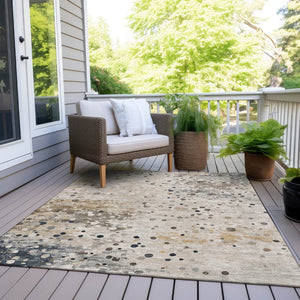 HomeRoots 5' Ivory and Taupe Abstract Washable Area Rug for Indoor and Outdoor High-Traffic Spaces 9' X 12' 628846