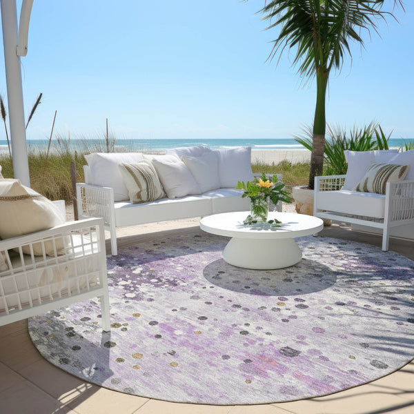 HomeRoots 5' Modern Lavender and Ivory Abstract Area Rug – Stylish, Durable, Washable for Indoor/Outdoor Use 8' Round 628850