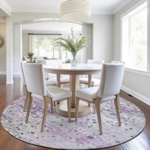 HomeRoots 5' Modern Lavender and Ivory Abstract Area Rug – Stylish, Durable, Washable for Indoor/Outdoor Use 8' Round 628850