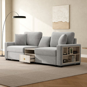 English Elm Modern Chenille Modular Sofa with Built-in Console Storage Armrest for Living Room Grey N763S000063E