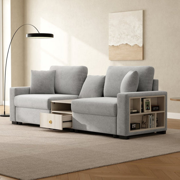 English Elm Modern Chenille Modular Sofa with Built-in Console Storage Armrest for Living Room Grey N763S000063E