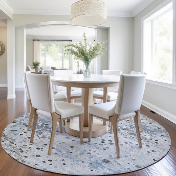 HomeRoots 5' Sky Blue and Gray Abstract Area Rug - Durable, Washable Design for Indoor and Outdoor Spaces 8' Round 628856