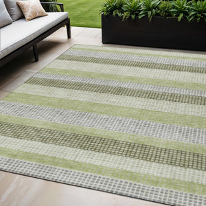 HomeRoots 5' Stylish Artichoke Green and Ivory Striped Area Rug for Indoor and Outdoor High-Traffic Spaces 5' X 8' 628873