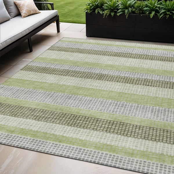 HomeRoots 5' Stylish Artichoke Green and Ivory Striped Area Rug for Indoor and Outdoor High-Traffic Spaces 5' X 8' 628873