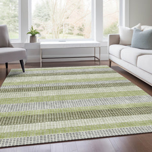 HomeRoots 5' Stylish Artichoke Green and Ivory Striped Area Rug for Indoor and Outdoor High-Traffic Spaces 5' X 8' 628873