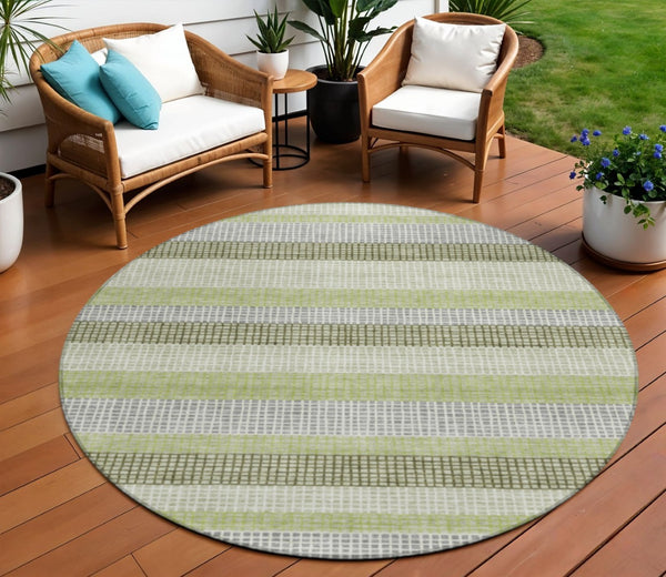 HomeRoots 5' Stylish Artichoke Green and Ivory Striped Area Rug for Indoor and Outdoor High-Traffic Spaces 8' Round 628874