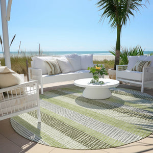 HomeRoots 5' Stylish Artichoke Green and Ivory Striped Area Rug for Indoor and Outdoor High-Traffic Spaces 8' Round 628874