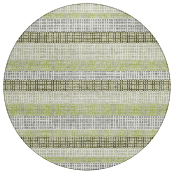 HomeRoots 5' Stylish Artichoke Green and Ivory Striped Area Rug for Indoor and Outdoor High-Traffic Spaces 8' Round 628874