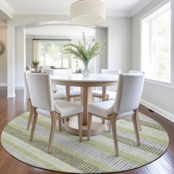 HomeRoots 5' Stylish Artichoke Green and Ivory Striped Area Rug for Indoor and Outdoor High-Traffic Spaces 8' Round 628874
