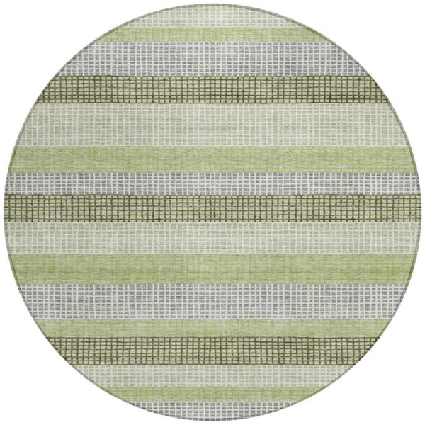 HomeRoots 5' Stylish Artichoke Green and Ivory Striped Area Rug for Indoor and Outdoor High-Traffic Spaces 8' Round 628874