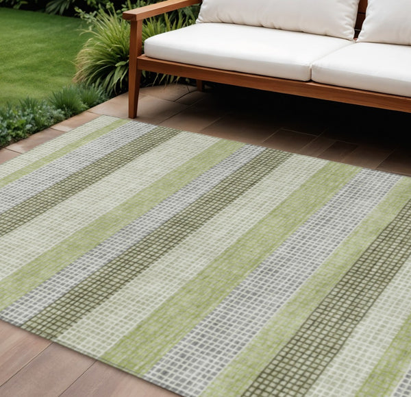 HomeRoots 5' Stylish Artichoke Green and Ivory Striped Area Rug for Indoor and Outdoor High-Traffic Spaces 9' X 12' 628876