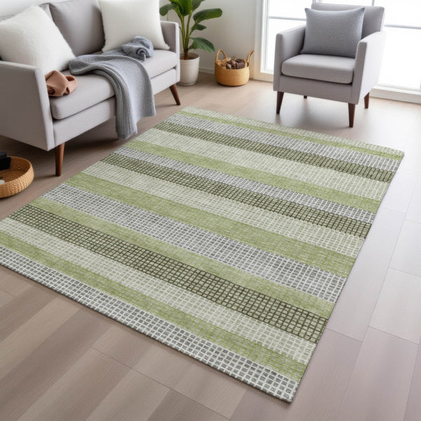 HomeRoots 5' Stylish Artichoke Green and Ivory Striped Area Rug for Indoor and Outdoor High-Traffic Spaces 9' X 12' 628876