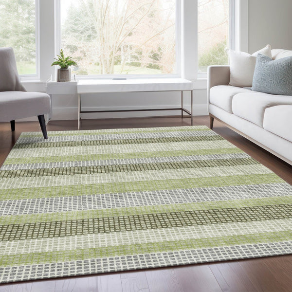 HomeRoots 5' Stylish Artichoke Green and Ivory Striped Area Rug for Indoor and Outdoor High-Traffic Spaces 9' X 12' 628876