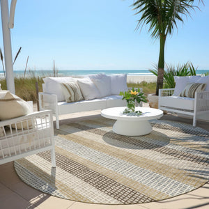 HomeRoots 5' Striped Beige and Ivory Washable Area Rug for Indoor and Outdoor Spaces - Durable & Stylish 8' Round 628880