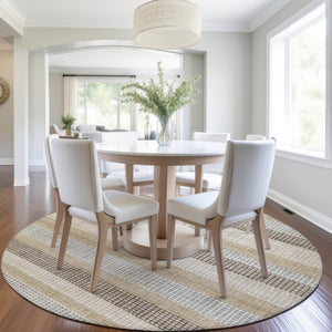 HomeRoots 5' Striped Beige and Ivory Washable Area Rug for Indoor and Outdoor Spaces - Durable & Stylish 8' Round 628880