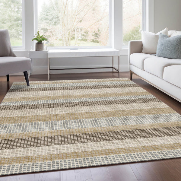 HomeRoots 5' Striped Beige and Ivory Washable Area Rug for Indoor and Outdoor Spaces - Durable & Stylish 10' X 14' 628883